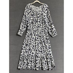 Old Navy Dress Large White Blue Floral Midi Long Sleeve Boho India Fall Peasant